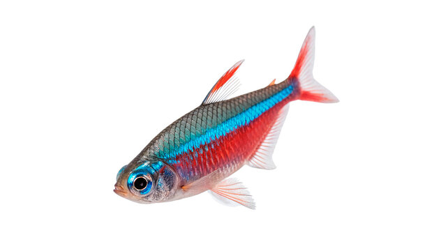 Small colorful neon tetra tropical aquarium fish swimming isolated on transparent background