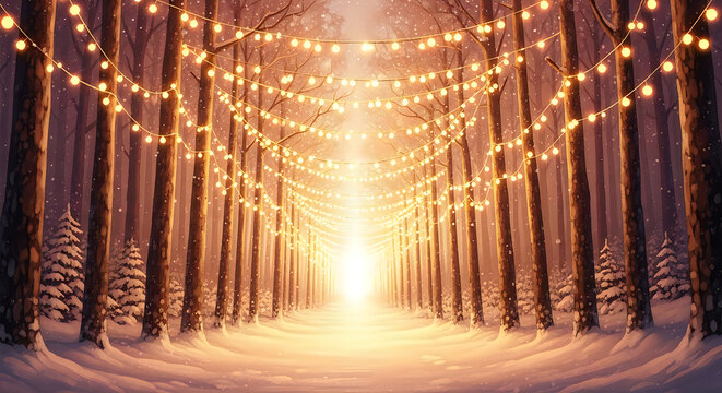 Magical winter forest path illuminated by warm string lights and falling snow