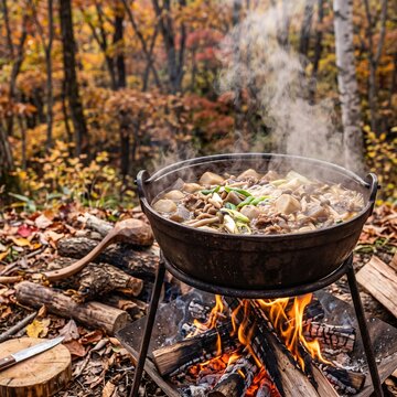 Imoni Hot Pot Simmering Over Outdoor Campfire