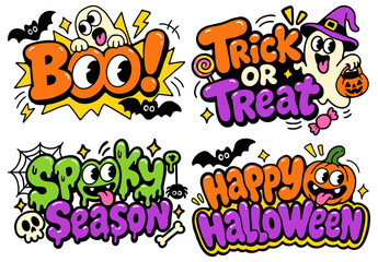 Fototapeta premium Halloween typography quote bundle, colorful bubble lettering with cartoon characters set