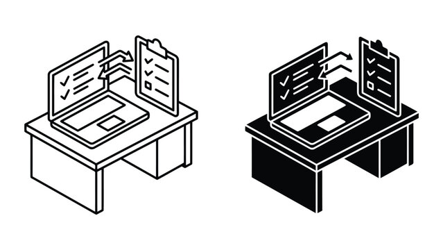 Computer task completion and checklist report icon with checklist, computer