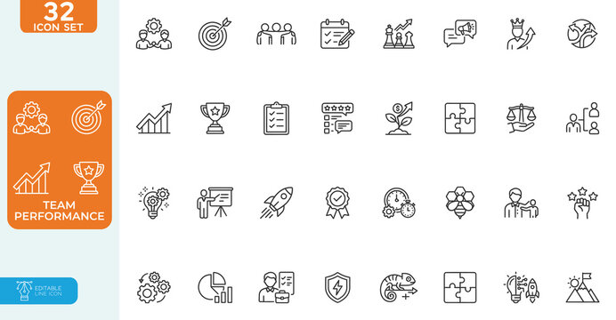 Team Performance and Collaboration Vector illustration line editable Icons set. team, collaboration, business, teamwork, office, meeting, project, communication, strategy, success. on white background