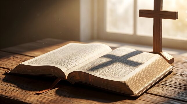 open bible with cross shadow and warm sunlight symbolizing christian faith and devotion