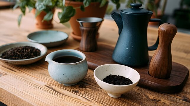 A serene tea prepa n setup with ceramic teapot  cups  and loose tea leaves on a wooden table with potted plants in background
