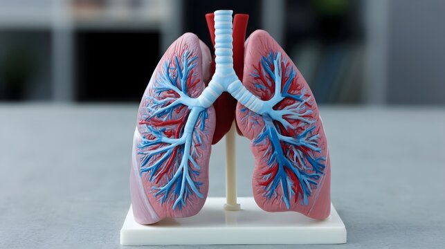 Anatomical model of human lungs with branching bronchi and vascular networks displayed on a stand