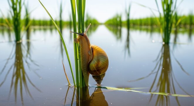 A freshwater snail clings to a green rice plant in a flooded paddy field, surrounded by reflections and young rice shoots in a peaceful wetland environment
