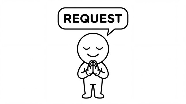 Cartoon character with praying hands and speech bubble displaying request text illustration on white background