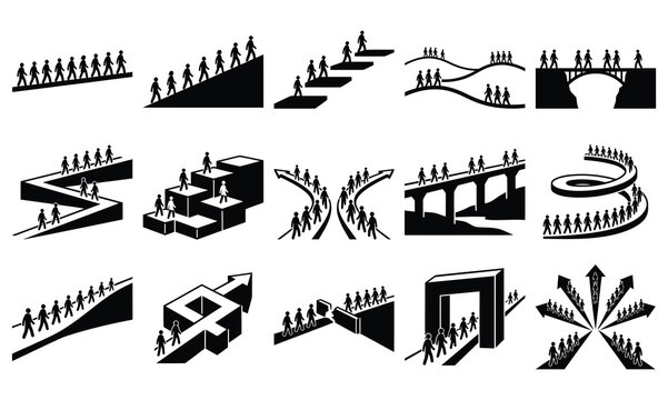 Collection of vintage woodcut style staircase and architectural element illustrations