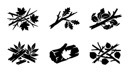 Fototapeta premium Forest Elements Vector Icons: Twigs, Branches, Leaves, and Logs, Nature Collection for Outdoor and Autumn Themes