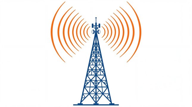 Blue communication tower broadcasting orange radio waves isolated in a simple style on white background