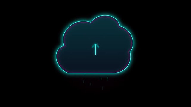 Neon glowing cloud icon with an upward arrow symbol representing data upload or cloud computing technology