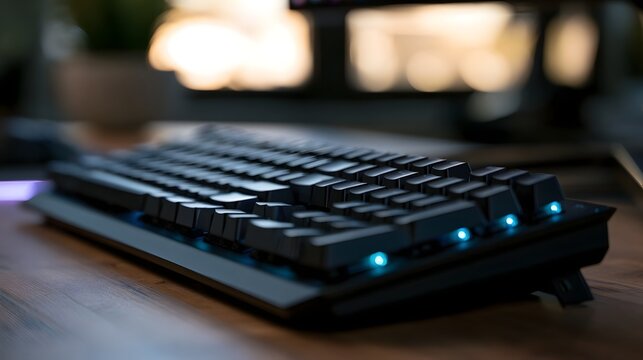 A sleek black keyboard with glowing blue backlighting rests on a wooden surface under warm ambient lighting
