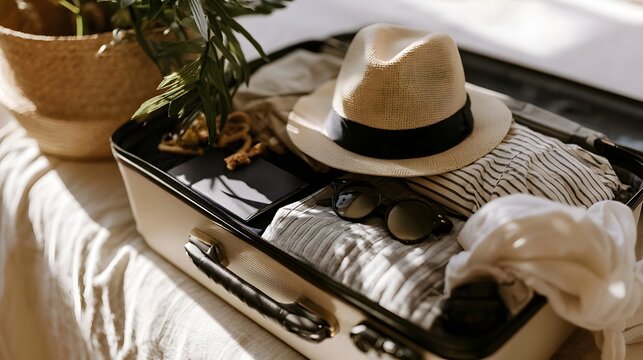 An open suitcase filled with travel essentials including a straw hat  sunglasses  and neatly folded clothes under warm sunlight