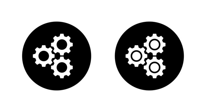 Three cogs gear icon in black circle. Engine mechanism and system settings symbol