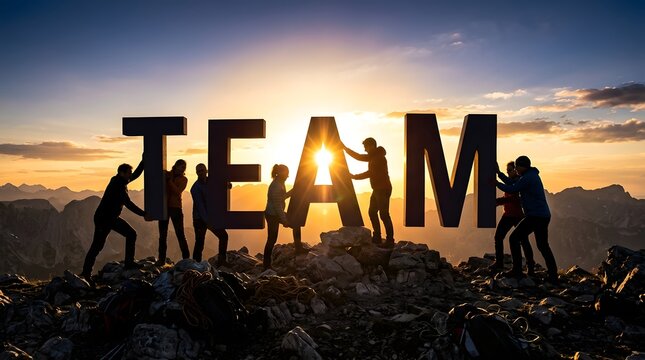Silhouetted figures work together to construct the word team during a colorful evening sunset