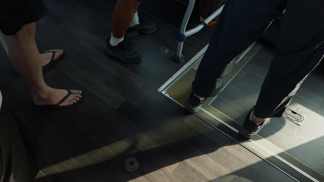 Passengers Feet Getting Off Bus at Stop Dusk Candid Street Life Korea