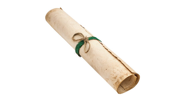 Old vintage rolled paper manuscript scroll with ring isolated on transparent background