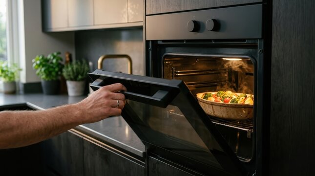 Person opening modern oven door with baked vegetables inside kitchen