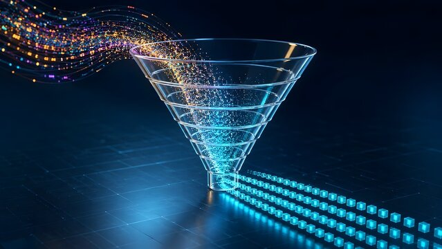 Glass funnel converting raw glowing data streams into structured digital blocks representing information processing