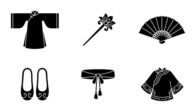 Traditional Chinese Clothing and Accessories Icons, Silk Robe, Fan, Hairpin, Shoes, Belt, Hanfu Elements, Black Silhouette Vector Set