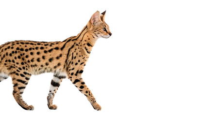 Wild spotted serval wildcat standing looking alert isolated on transparent background © Ward