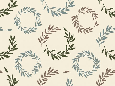Seamless pattern with hand drawn circular floral wreaths of leaves and branches