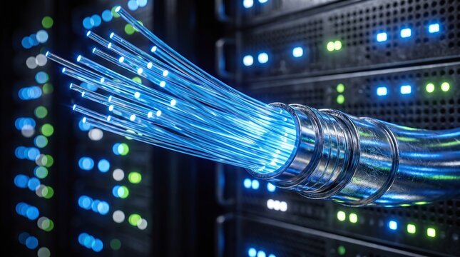 Glowing blue fiber optic strands emerging from chrome cable connector inside dark modern data center room, high speed telecommunication bandwidth, optical network hardware infrastructure connection