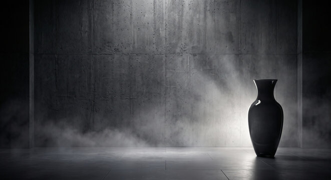 Elegant black ceramic vase in a dark, moody concrete room with dramatic fog and lighting. Cinematic interior decor shot with blank empty space.
