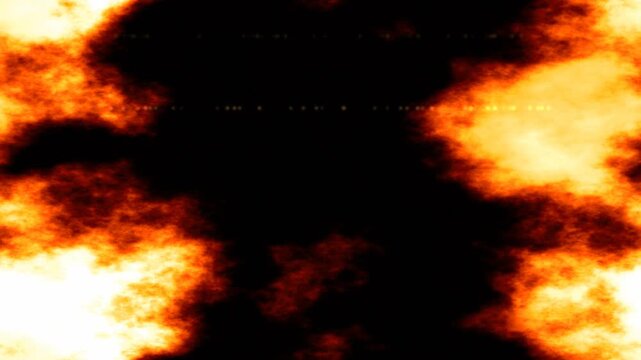Abstract fiery orange plasma bursts with digital glitch scanlines on black background