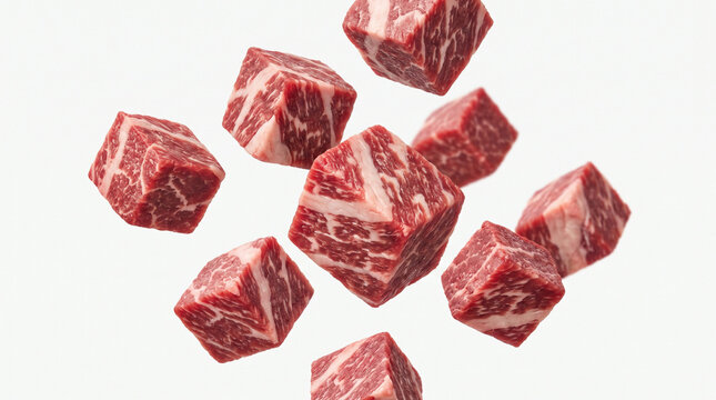 Raw beef cubes suspended in motion for culinary preparation