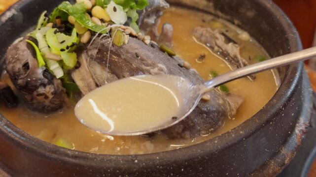 Korean Black Chicken Samgyetang Ginseng Broth Lifted by Spoon Close-Up
