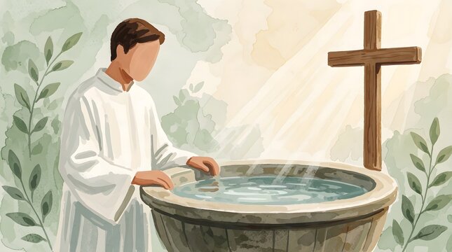 christian baptism ceremony in a peaceful river surrounded by natural forest scenery