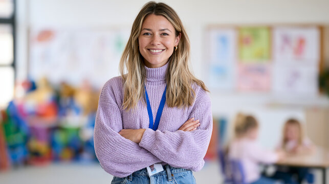 Smiling blonde female teacher stands with crossed arms in a colorful classroom. Early education, teacher portrait, school staff, learning environment.