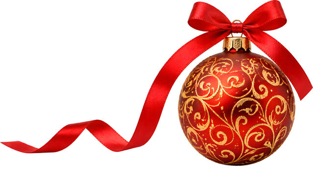 Red Christmas bauble vector with gold pattern tied to satin bow. Wavy ribbon extends across dark background layout. Ideal decorative element for holiday promotions.