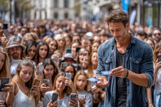 Crowd gathers to witness street performer demonstrating magic tricks outdoors