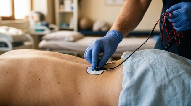 Physical therapy electrostimulation treatment on a patient back