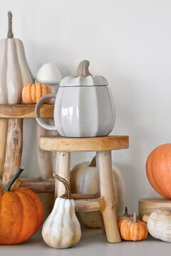 Seasonal fall home decor with pumpkin shaped mug, wooden stands, pumpkins and vase with grains in front of white wall