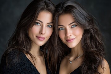 Fototapeta premium Two Young Women with Long Dark Hair Pose Together
