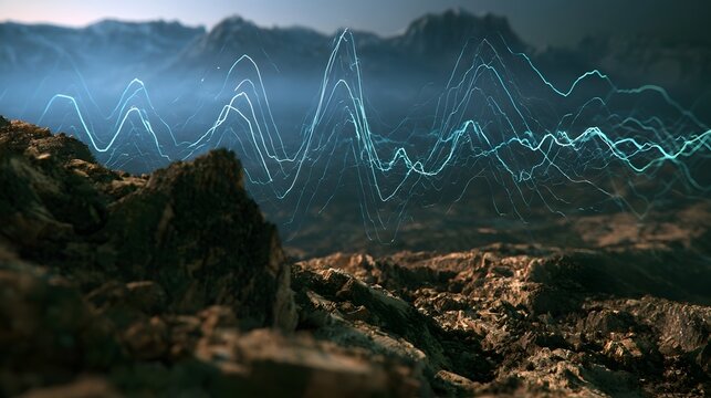 Abstract blue wave lines overlay a rugged mountainous terrain with rocky foreground and misty background