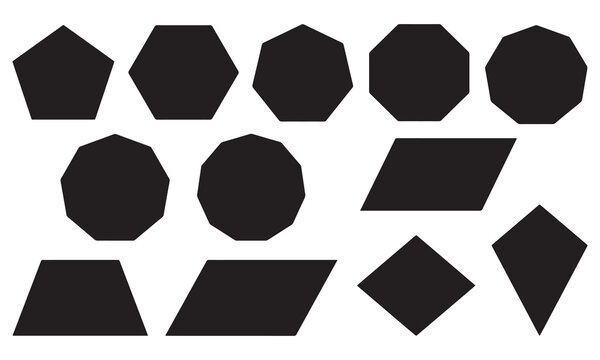 Collection of various black geometric shapes including pentagon, hexagon, heptagon, octagon, nonagon, decagon, parallelogram, trapezoid, rhombus, and kite on a white background