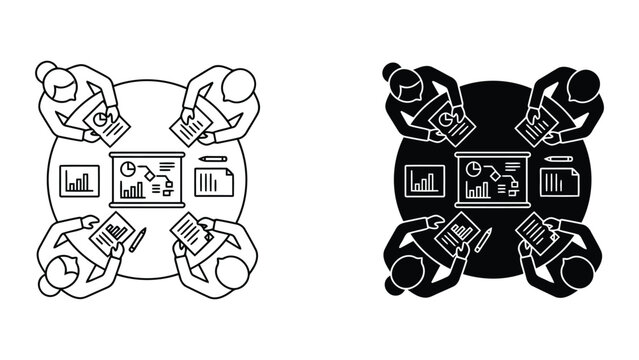 Business team analyzing financial reports around round table icon set