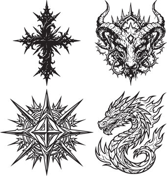 Set of dark fantasy themed vector illustrations on transparent background.