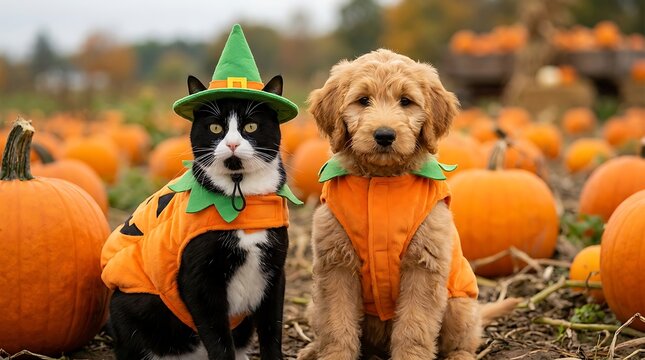A cute cat and a golden retriever puppy wearing pumpkin costumes sitting in a pumpkin patch