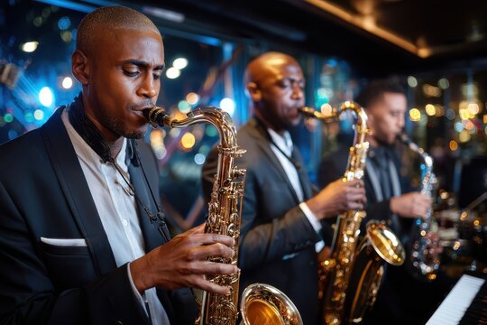 Saxophonists playing jazz music on stage