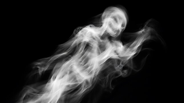 Abstract artistic portrait of a woman formed from swirling white smoke against a deep black background