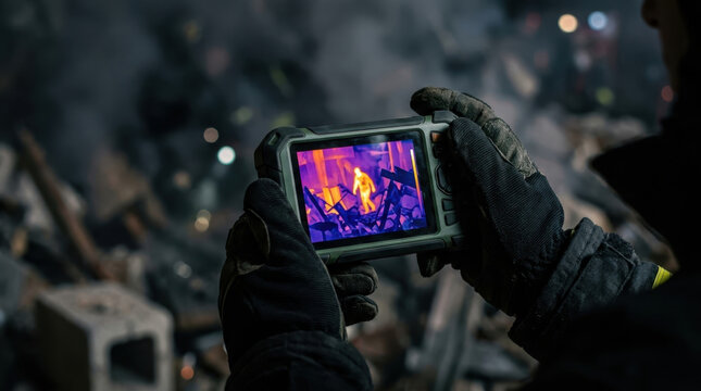 Firefighter holding thermal imaging camera searching for victims