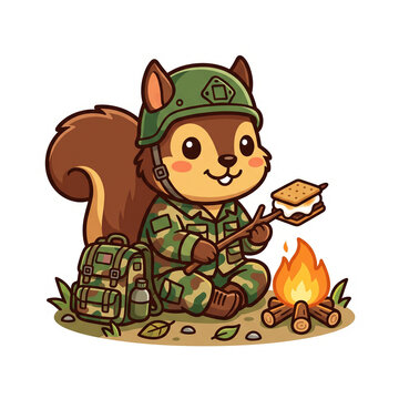 Cute Squirrel Soldier Toasting Smores on Campfire