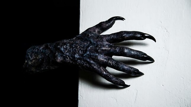 A terrifying dark monster claw reaching out from a black shadow onto a bright white surface