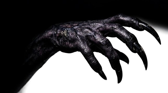 A terrifying dark monster hand with long sharp claws reaching out from a deep black shadow