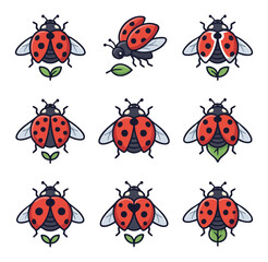 Fototapeta premium Adorable ladybug collection with green leaves and simple design